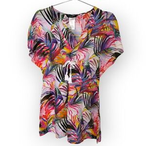 Lauren Ralph Lauren‎ Cover-Up Tunic Top Tropical Palm Leaf Print Sheer Cotton